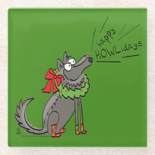 ウルフクリスマスおもしろいかわいい子たち ガラスコースター (正面)