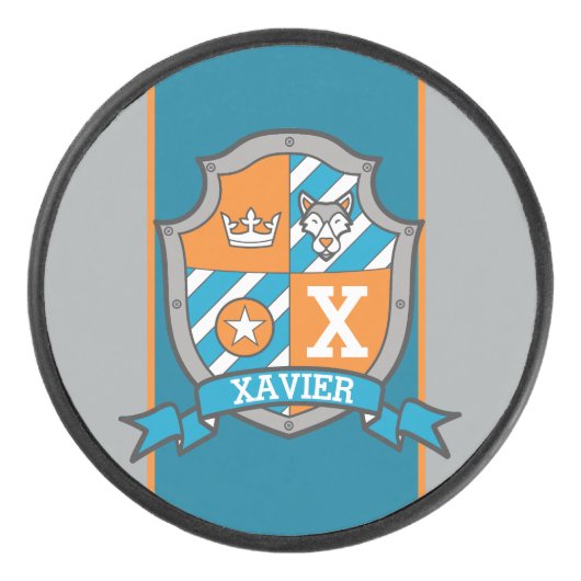 ウルフクレスト名前をカスタムするオレンジブルーモノグラムの アイスホッケーパック (正面)