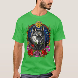 ウルフサイケデリック森林動物の月相ファンタジー Tシャツ