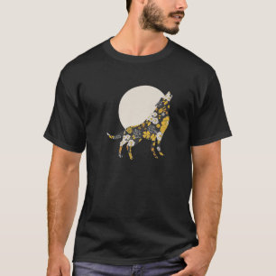 ウルフシルエットフラワーパターンドッグラバーフレンズ Tシャツ