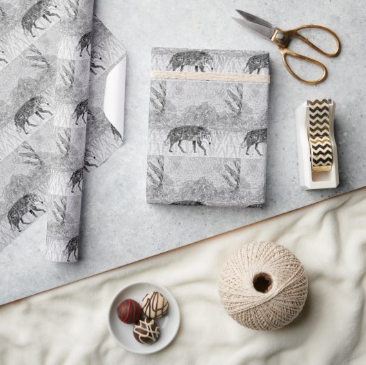 ウルフスケッチワイルドアニマルアートモノクロ ラッピングペーパー (クラフト)