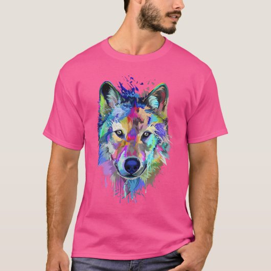 ウルフスプラッシュアートアニマル顔ウルフ恋人 Tシャツ (正面)