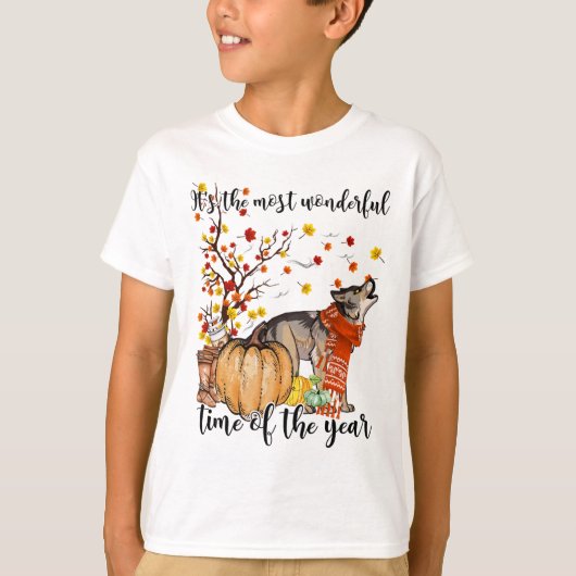 ウルフドッグ秋カボチャ秋葉樹 Tシャツ (正面)