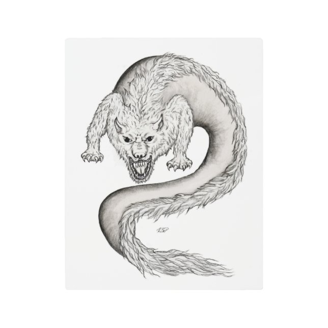 ウルフドラゴンブラックアンドホワイトデザイン メタルプリント (正面)