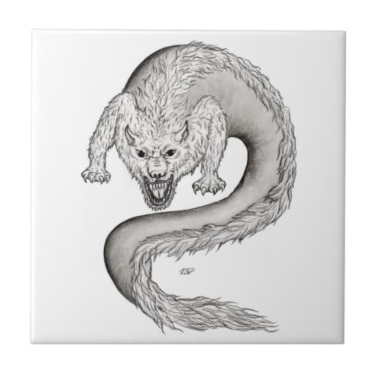 ウルフドラゴン白黒デザイン タイル (正面)