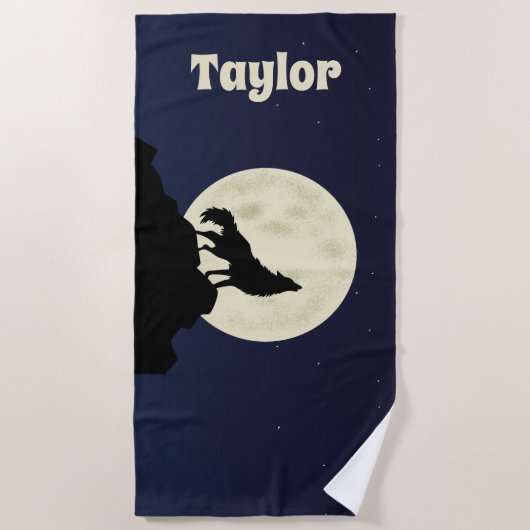 ウルフハウリングアットザムーンイラストレーション パーソナライズされた ビーチタオル (正面)