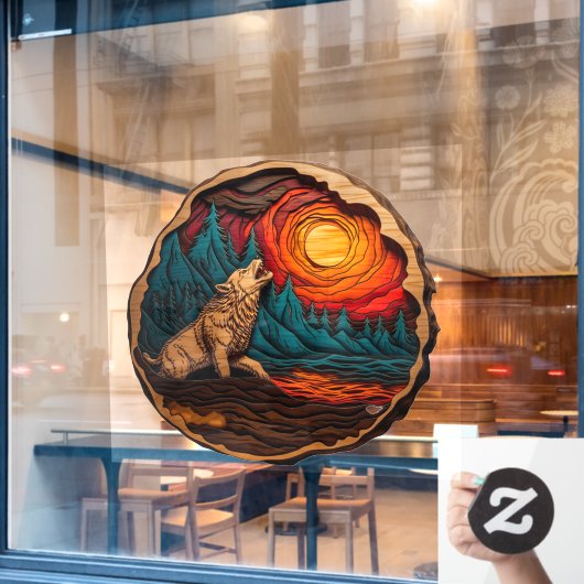 ウルフハウリングウッドフェイクカービングワイルド自然 ウィンドウサイン (カフェ窓)