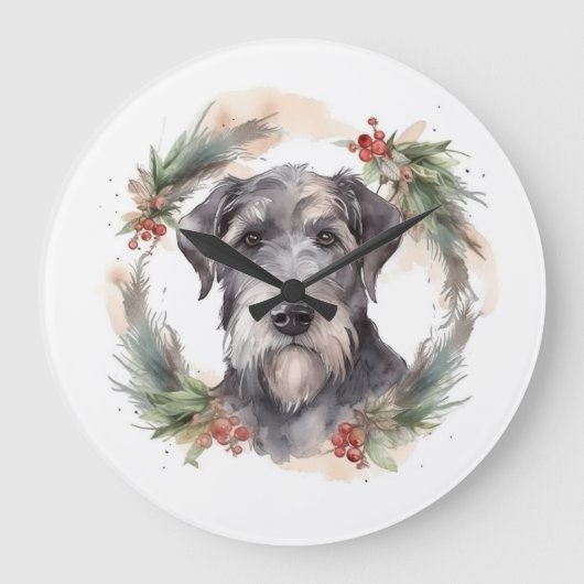 ウルフハウンドのクリスマスリース お祭り気分な愛犬 ラージ壁時計 (正面)