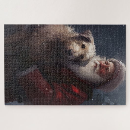 ウルフハウンドウィズサンタクロースフェスティバルクリスマス ジグソーパズル (横)