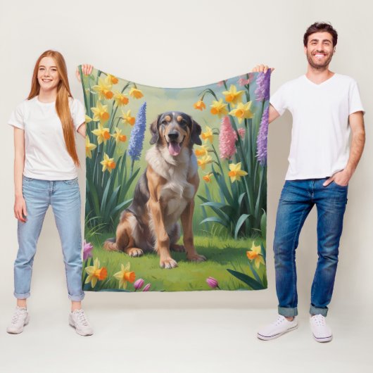 ウルフハウンド 犬 春の花 絵画 フリースブランケット (インサイチュ)