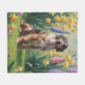 ウルフハウンド 犬 春の花 絵画 フリースブランケット (正面(横))