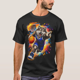 ウルフバスケットボール選手ペイントスプラッシュ動物 Tシャツ