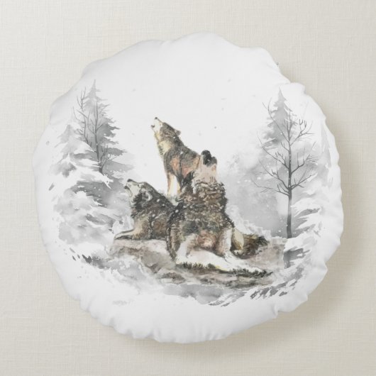 ウルフパックハウリングウィンターソングコーラスアニマルアート ラウンドクッション (裏面)