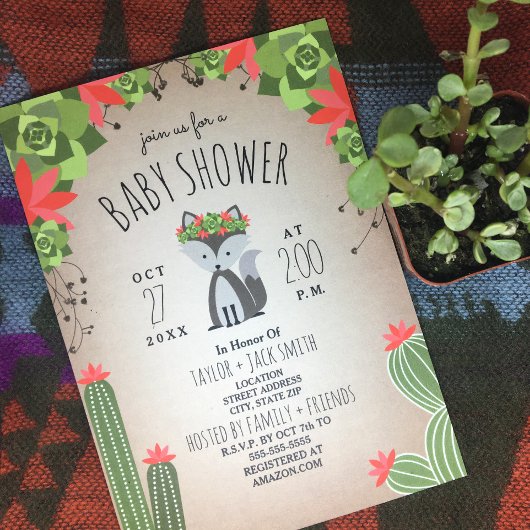 ウルフパップフローラサボテン砂漠ガールベビーシャワー 招待状