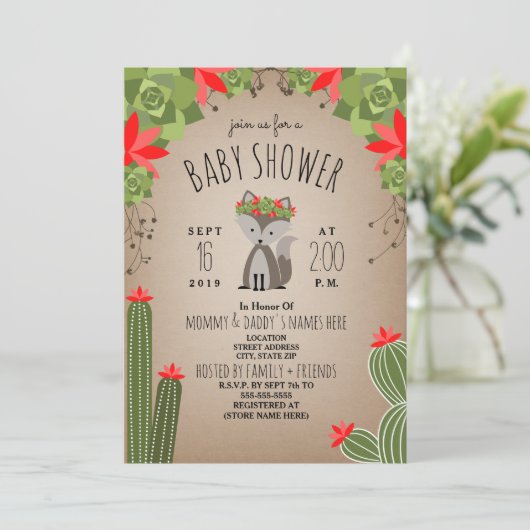 ウルフパップフローラサボテン砂漠ガールベビーシャワー 招待状 (スタンド正面)