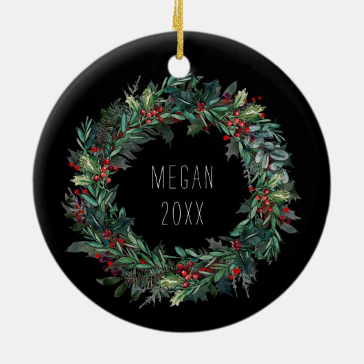 ウルフパーソナライズされたアートとクリスマスウィンターシーン セラミックオーナメント (裏面)