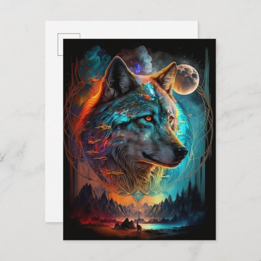 ウルフフルムーンランドスケープ超現実的ファンタジー ポストカード (正面/裏面)
