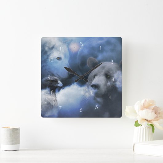 ウルフベアアンドイーグル先住民アメリカン スクエア壁時計 (ホーム)
