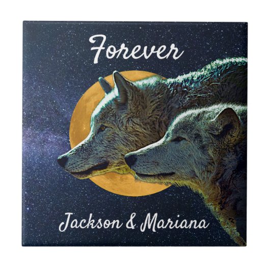 ウルフペアと満月  タイル (正面)