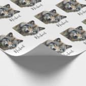 ウルフポートレートあなたの名前カスタム手書き ラッピングペーパー (角)