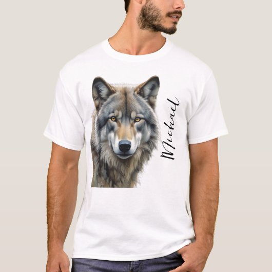 ウルフポートレートあなたの名前カスタム手書き Tシャツ (正面)