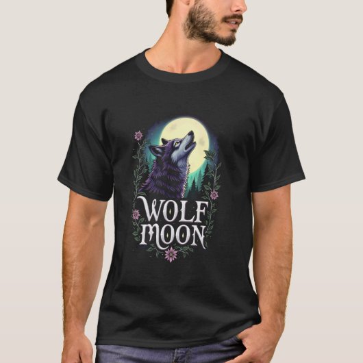 ウルフムーングラフィック - 紫の狼と満月デザイン Tシャツ (正面)