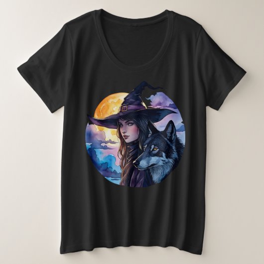 ウルフ付き魔女 – ハロウィンファンおもしろい1 プラスサイズTシャツ (デザイン正面)