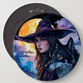ウルフ付き魔女 – ハロウィンファンおもしろい1 缶バッジ (正面&裏面)