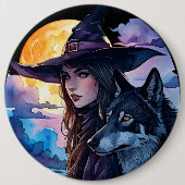 ウルフ付き魔女 – ハロウィンファンおもしろい1 缶バッジ (正面)