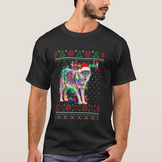 ウルフ動物醜いセーターのクリスマスパピー動物ロー Tシャツ (正面)