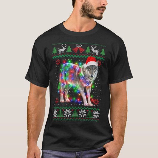 ウルフ動物醜いセーターのクリスマスパピー動物 Tシャツ (正面)