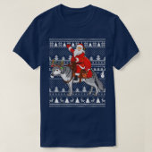 ウルフ愛おもしろい者サンタ乗り狼の醜いクリスマス Tシャツ (デザイン正面)