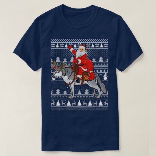 ウルフ愛おもしろい者サンタ乗り狼の醜いクリスマス Tシャツ (デザイン正面)