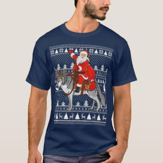 ウルフ愛おもしろい者サンタ乗り狼の醜いクリスマス Tシャツ