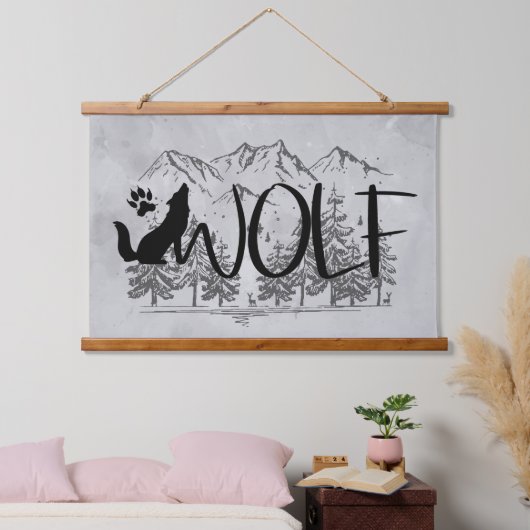 ウルフ文字グラフィックアートアニマル自然山脈 吊り下げ型タペストリー (寝室)