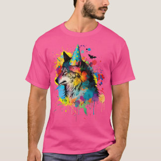 ウルフ誕生日ハットをテーマにしたパーティー絵を描ウルフズウォル Tシャツ