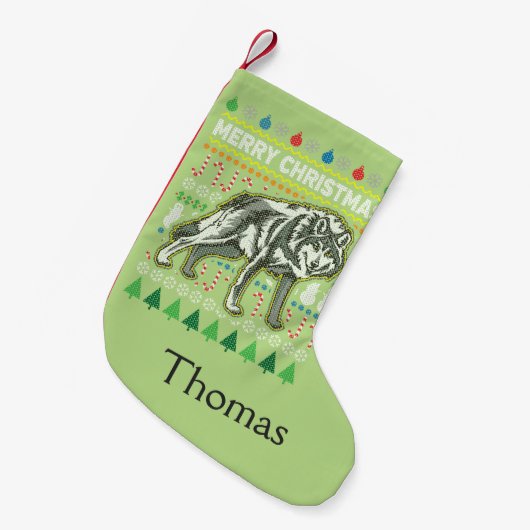 ウルフ醜いクリスマスセーター野生生物シリーズ スモールクリスマスストッキング (正面 (吊り時))