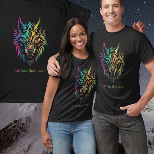 ウルフ顔カラフルエアーブラシ育成ザビースト Tシャツ