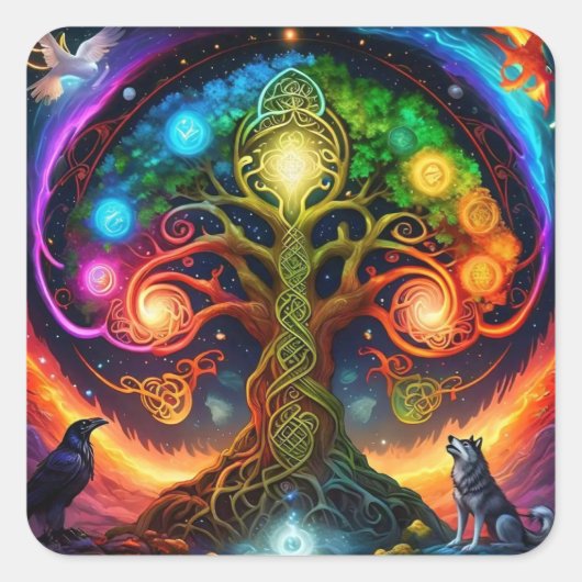 ウルフ鮮やかとレイヴンを持つレインボーケルトの木 スクエアシール (正面)