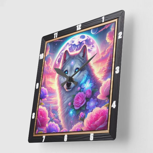 ウルフ鮮やかネオンの月と神秘的な花 スクエア壁時計 (傾斜)