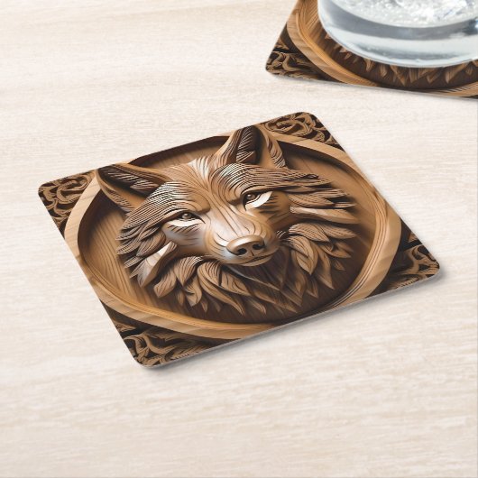 ウルフ・ウッド・カービング スクエアペーパーコースター (アングル)