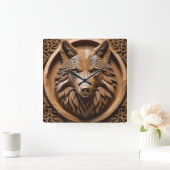 ウルフ・ウッド・カービング スクエア壁時計 (ホーム)