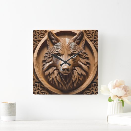 ウルフ・ウッド・カービング スクエア壁時計 (ホーム)