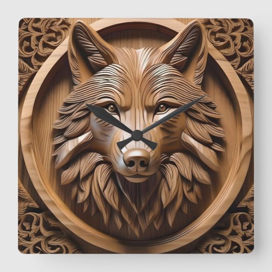 ウルフ・ウッド・カービング スクエア壁時計 (正面)