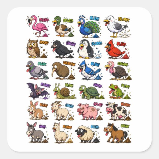 ウンコをする牧場の動物が面白い スクエアシール (正面)