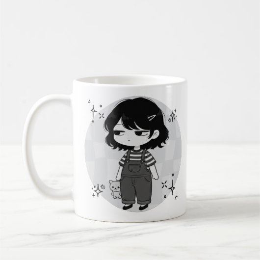ウンザリしたかわいいちびキャラのイラストデザイン コーヒーマグカップ (左)
