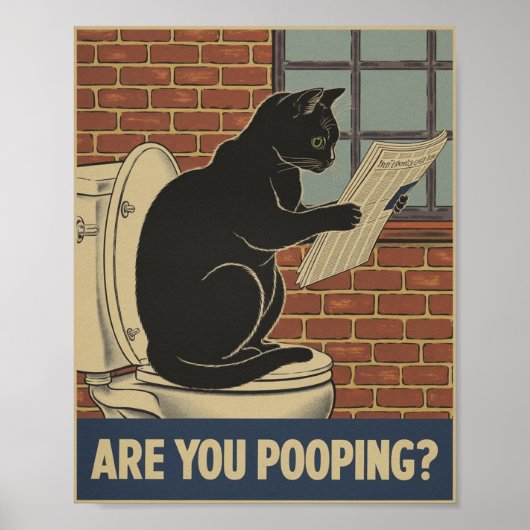 ウンチしてる？トイレの猫 面白いウォールアート ポスター (正面)
