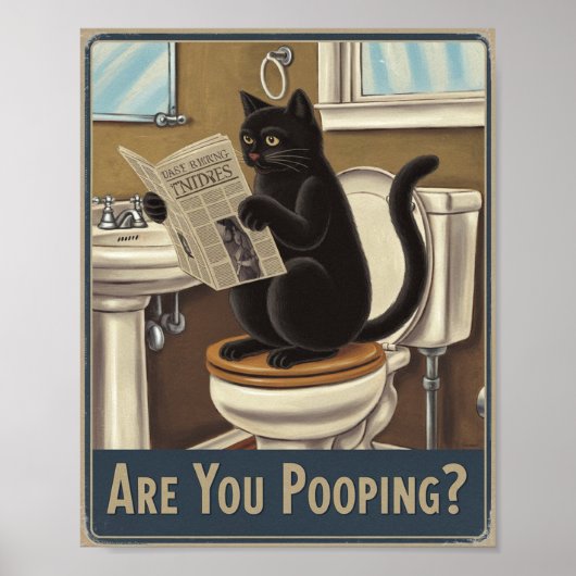 ウンチしてる？トイレの猫 面白いウォールアート ポスター (正面)
