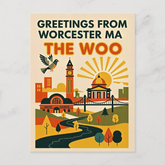 ウースターMA “The Woo” レトロな旅行デザイン ポストカード (正面)