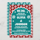 ウードレッドモダンティール(緑がかった色)はっきりしたレトロボホデイジー 招待状 (正面/裏面)